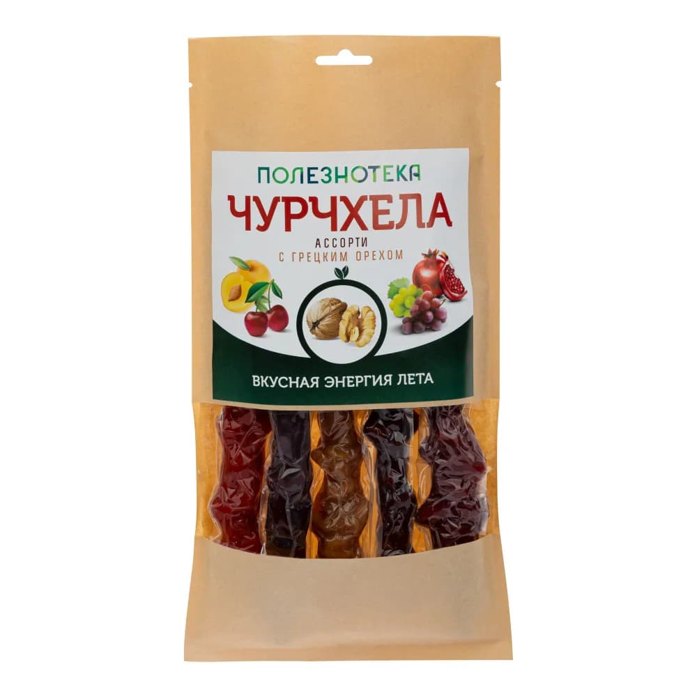 Полезнотека Чурчхела ассорти с грец. орехом (абрикос, вишня, гранат, светлый и тёмный виноград) 5шт.