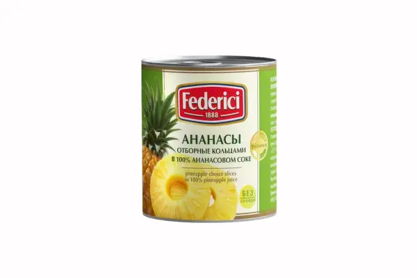 Federici Ананасы отборные кольцами в соку ж/б 435 мл.