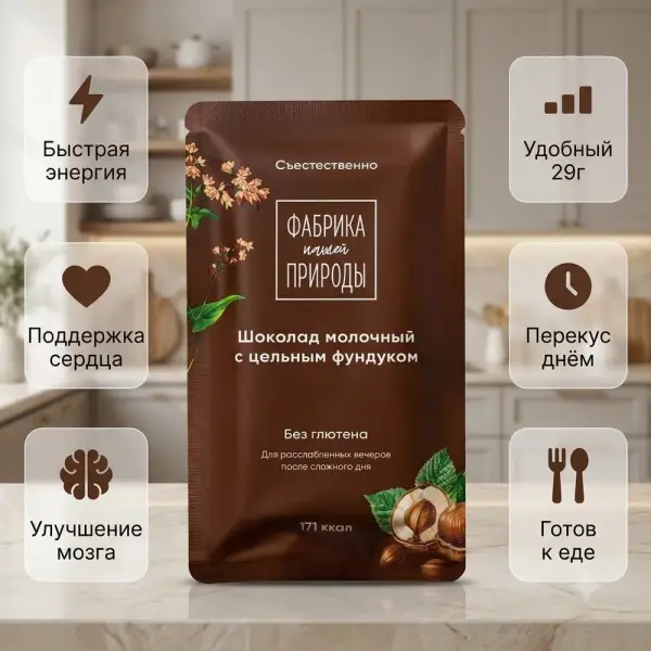 ФАБРИКА ПРИРОДЫ тұтас фундук қосылған сүтті шоколад 29 гр.