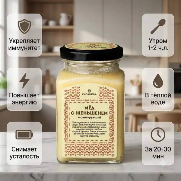 МММ Женьшень қосылған табиғи гүл балы 300гр.