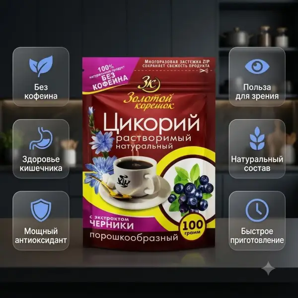 Золотой корешок Көкжиясы бар цикорий ұнтағы зип-пакетте 100 гр.*12 дана.