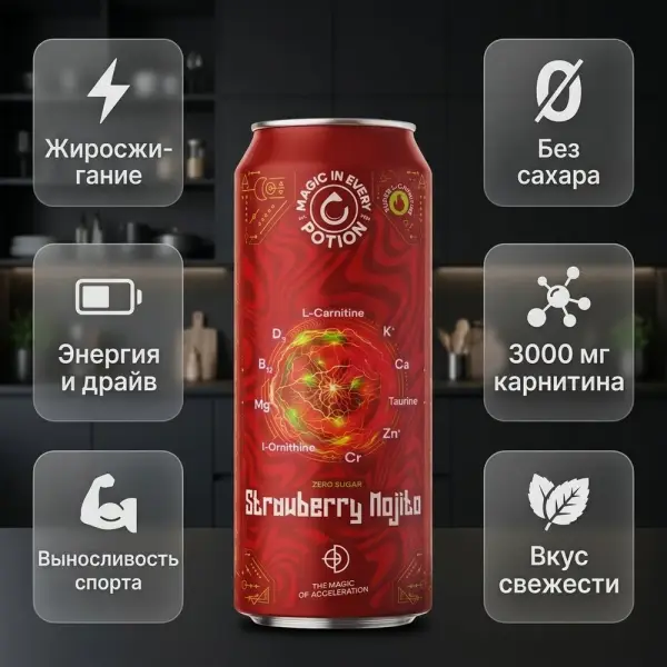 POTION Super Carnitine Құлпынай-Лайм-Жалбыз қ/б 450 мл.*12 дана.