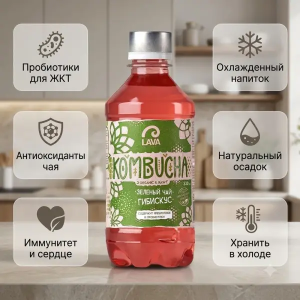 Kombucha ''Жасыл шай Гибискус 330мл ''LAVA SUPERFOOD''