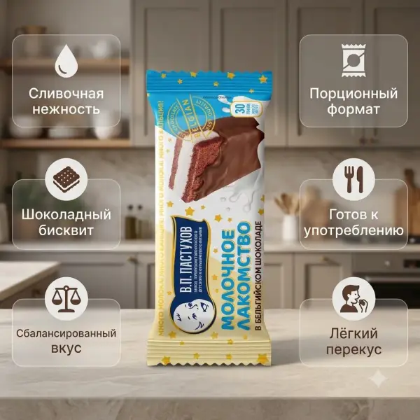 Пастуховъ шоколадты бисквиті бар сүтті десерт Молочное Лакомство 30 гр.*8 дана.