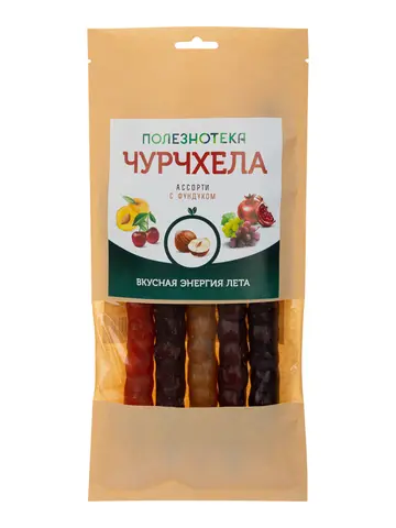 Полезнотека Чурчхела ассорти с фундуком (абрикос, вишня, гранат, светлый и тёмный виноград) 5шт.