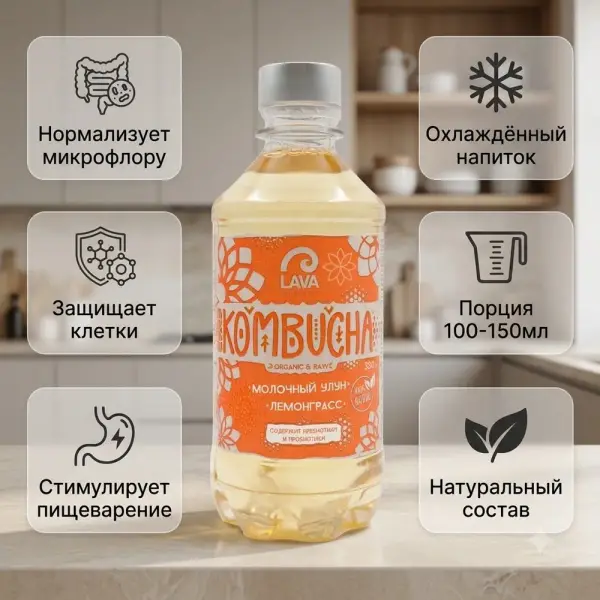 Kombucha "Сүтті улун Лемонграсс" 330мл "LAVA SUPERFOOD"