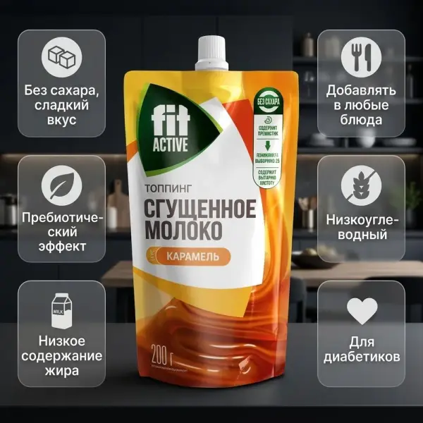 Fit Active Топпинг без сахара со вкусом Сгущенное молоко КАРАМЕЛЬ 200 гр.