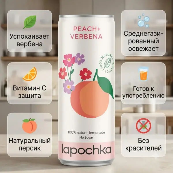 ЛАПОЧКА Орташа газдалған сусын Шабдалы-Вербена 330 мл.*20 дана.