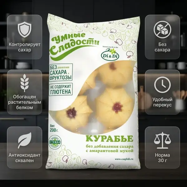 «Умные сладости» құмшекерсіз амарант ұны қосылған курабье печеньесі 200гр.*15шт.