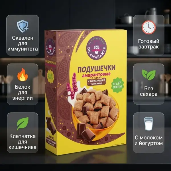 DR.AMARANTH Подушечки амарантовые с какао и шоколадной начинкой 180 гр.