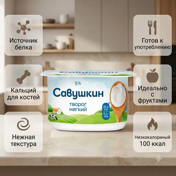 Савушкин продукт "Жұмсақ нәзік" сүзбесі м.ү. 5% 125гр.