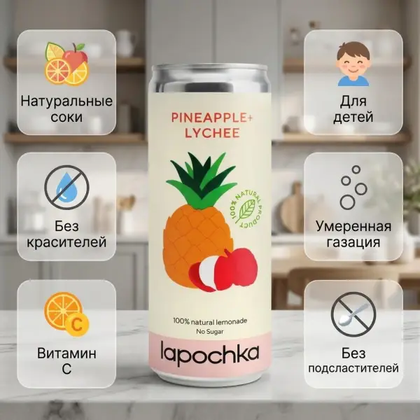 ЛАПОЧКА Ананас-Личи орташа газдалған сусын 330 мл
