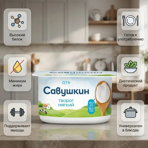 Савушкин продукт "Жұмсақ нәзік" майсыздандырылған сүзбесі 125гр.