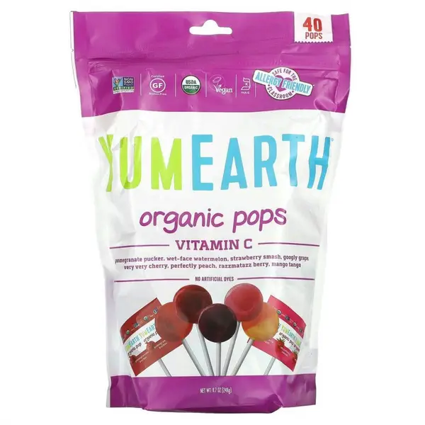 Yum Earth Органич. леденцы на палочке россып - 8 вкус (клуб,черник,вишня,ябл,персик, манго,арбуз,гранат)