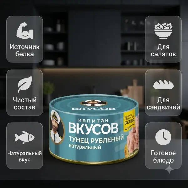 Капитан вкусов Тунец полосатый филе рубленое натуральное литое 170гр.