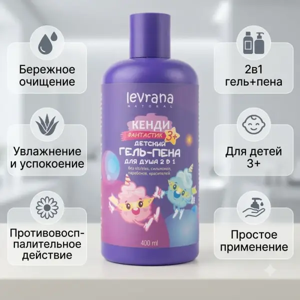 Levrana "Кенди Фантастик" 3+ балаларға арналған ваннаға арналған 2-і 1-де гель-көбік, 400 мл.
