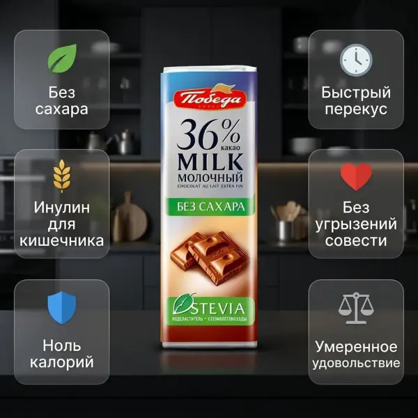 Шоколад "Қантсыз, стевия қосылған сүтті 36% какао" 20гр.*48 дана.