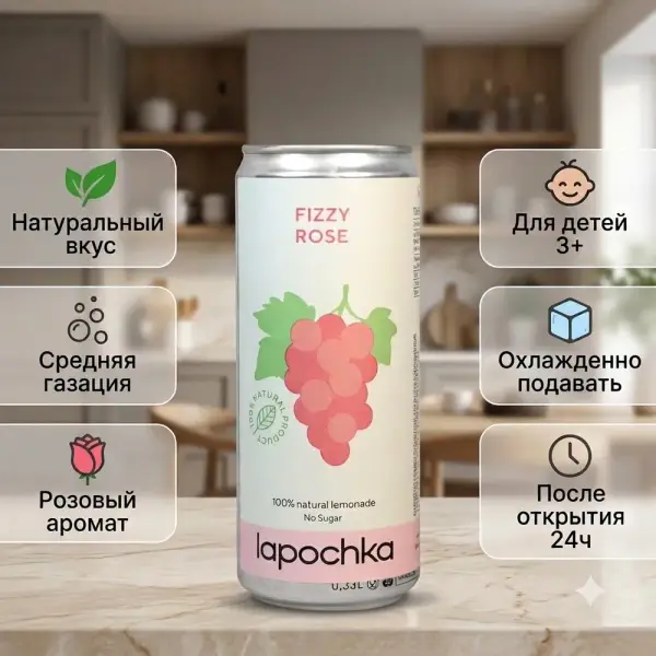 ЛАПОЧКА Физзе Розе орташа газдалған сусын 330 мл.