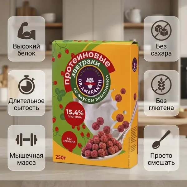 DR.AMARANTH Завтраки протеиновые со вкусом Земляники 250 гр