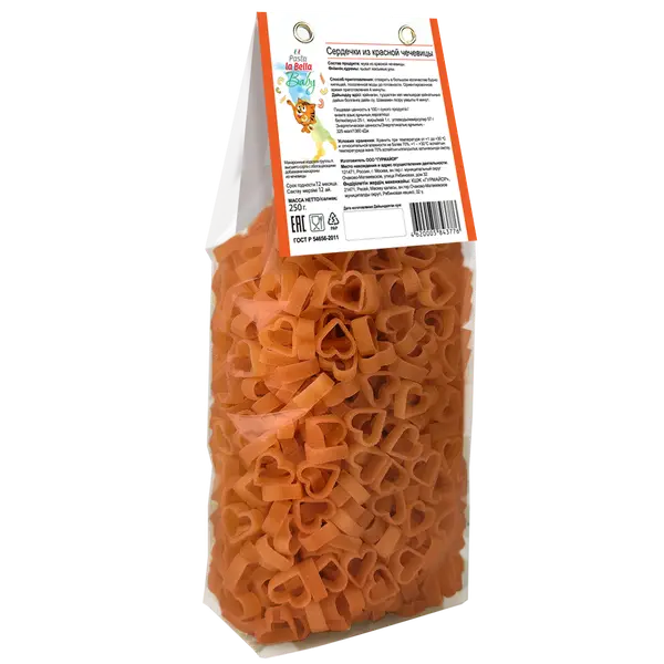 Pasta la Bella Baby Сердечки из красной чечевицы 250 гр.