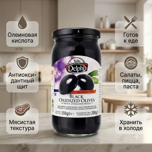 DELPHI сүйегі бар тұздықтағы супергигант зәйтүндері 350 гр