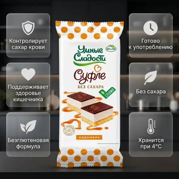 Di&di Пирожное "Суфле со вкусом карамели" в глазури со стевией 90 гр.