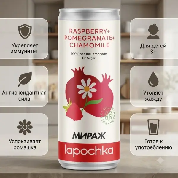 ЛАПОЧКА Таңқурай-Анар-Түймедақ орташа газдалған сусын 330 мл