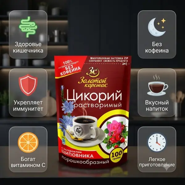 Золотой корешок Итмұрын қосылған цикорий ұнтақ күйінде zip пакет 100 гр.*12 дана.
