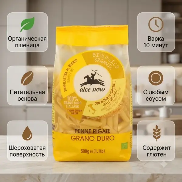 Alce Nero Пенне Ригате из твердых сортов пшеницы 500 гр