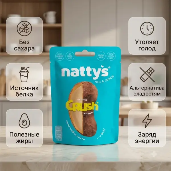 NATTYS Crush Cashew Кешью қосылған, жержаңғақ пастасы мен какаодағы драже 35 гр