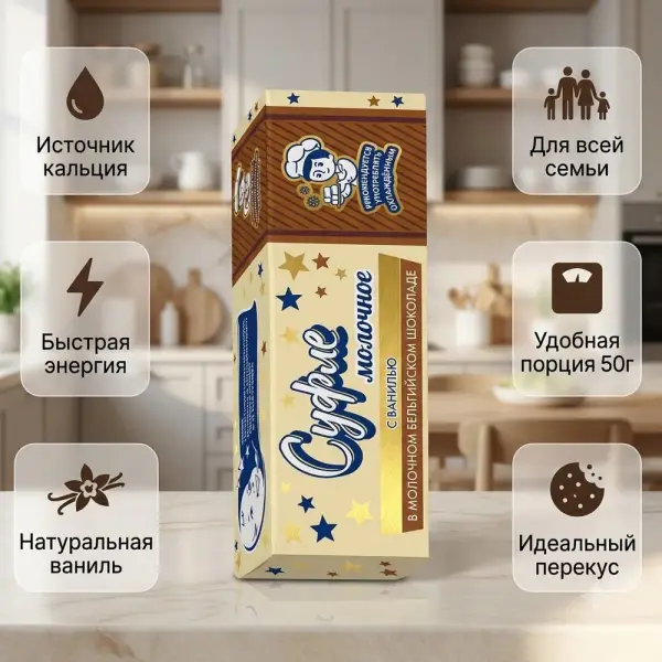 Пастуховъ Сүтті суфле ванильмен бельгиялық сүтті шоколадта 50 г*6 дана
