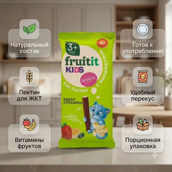 Fruit it kids Құлпынай-Банан маршмеллоу қосылған пастилкалар 45 гр.* 10 дана.