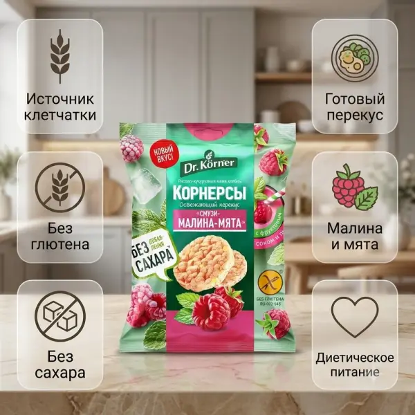 "Смузи-Малина-Мята" дәмі бар күріш-жүгері мини қытырлақ нандары, 40гр