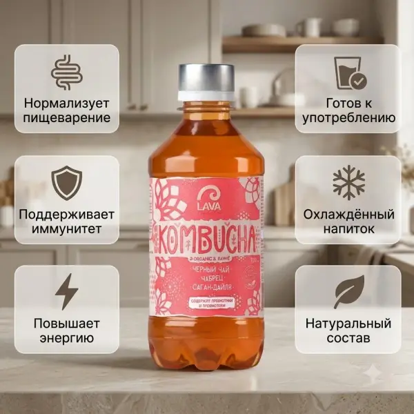 Kombucha ''Қара шай Шытыр, Саган Дайля" 330мл ''LAVA SUPERFOOD"