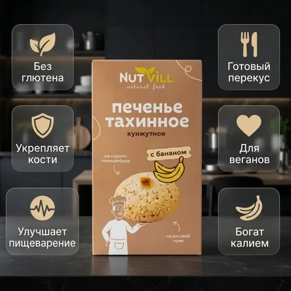 NUTVILL Банан қосылған күнжіт печеньесі 75гр.*14 дана.
