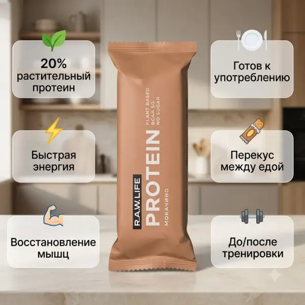 R.A.W. LIFE Протеиновый батончик, Мокачино 43г