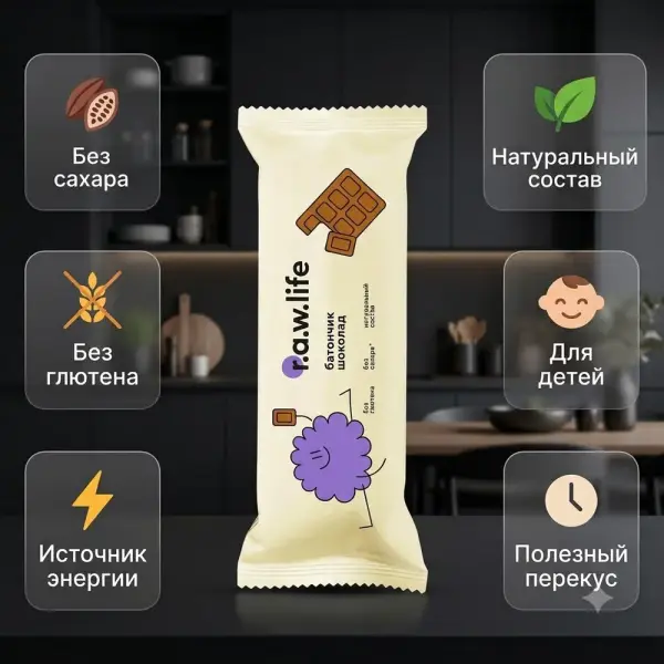 R.A.W. LIFE KIDS "Шоколад" жеміс-дәнді батоны 35 гр. (қантсыз және глютенсіз)