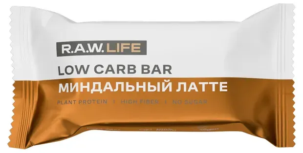 R.A.W. LIFE Low carb батончик протеиновый низкоуглеводный, Миндальный латте 35 г