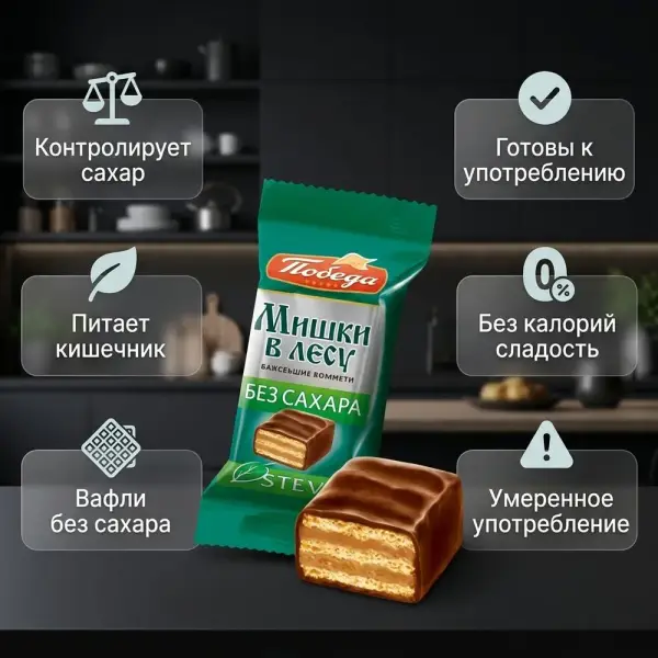 Қант қосылмаған ащы шоколадтағы "Мишки в лесу" вафли кәмпиті 1 дана