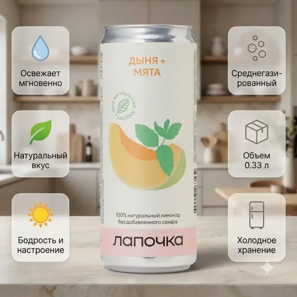 ЛАПОЧКА Орташа газдалған сусын Қауын-Жалбыз 330 мл.*20 дана.
