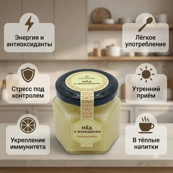 МММ Женьшень қосылған табиғи гүл балы 150гр.