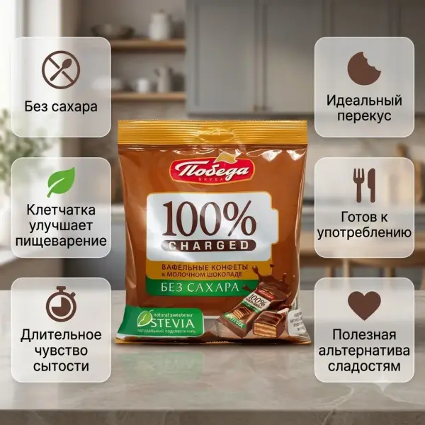 «Победа вкуса» вафельді кәмпиттері «Чаржед» сүтті шоколадта, қант қосылмаған, 1,5 кг гофро қорапта