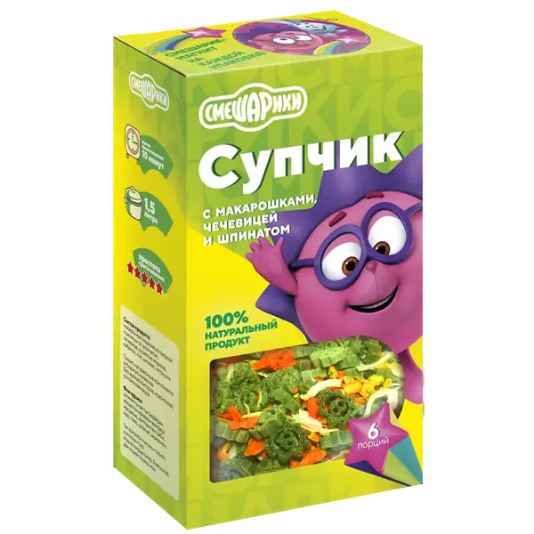 Смешарики супчик с макарошками,чечевицей и шпинатом 180 гр.