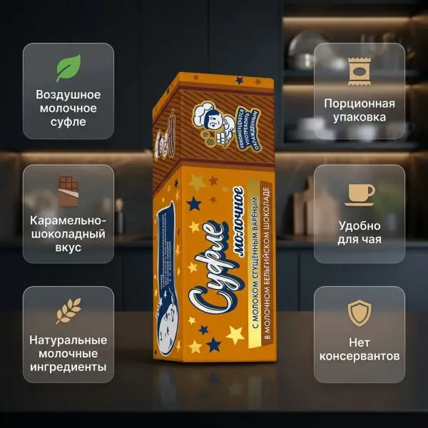 Пастуховъ Суфле молочное с молоком сгущенным вареным в молочном бельгийском шоколаде 50 г, 6 дана